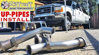 2001 F350 73  RiffRaff UpPipes Install  Stock up pipes leaking and falling apart JUNK SP [upl. by Rozina]